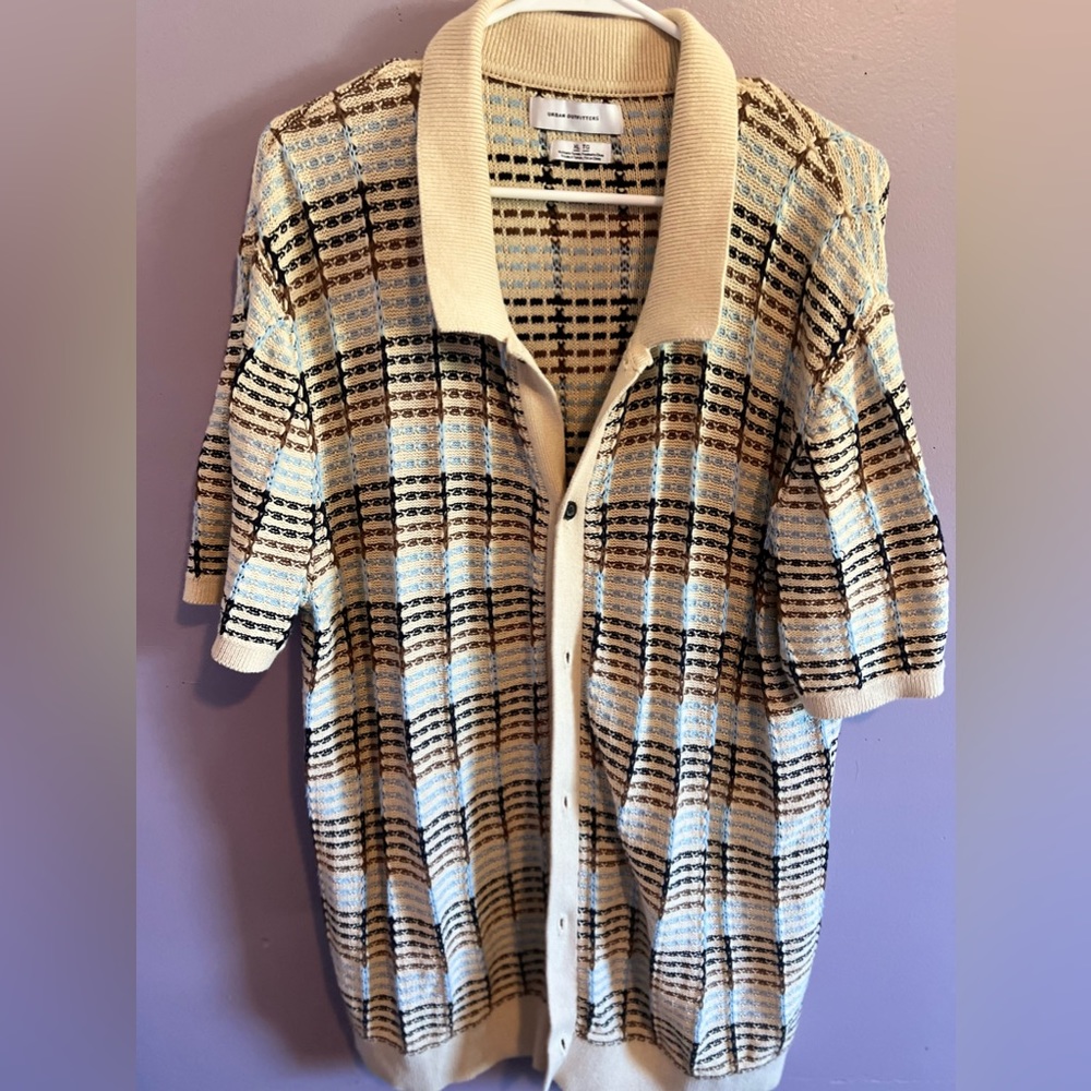 Vintage Urban Outfitters Button Waffle Weave Tan Sky Blue Size XL